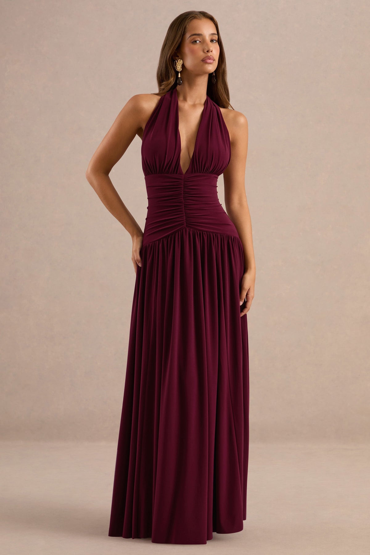 Bettina | Burgundy Plunge-Neck Maxi Dress With Gathered-Detailing