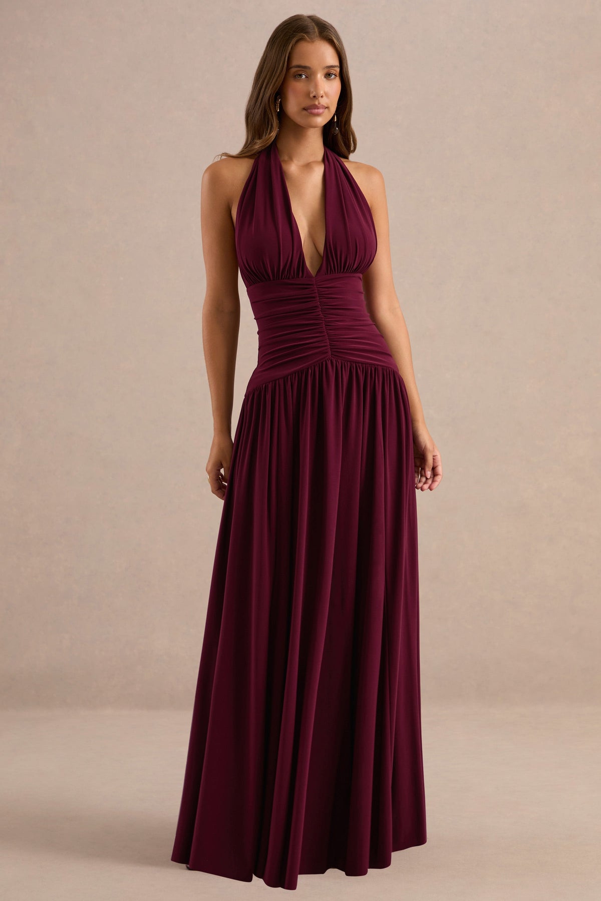 Bettina | Burgundy Plunge-Neck Maxi Dress With Gathered-Detailing