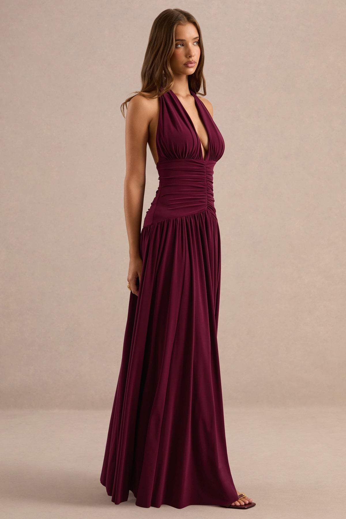 Bettina | Burgundy Plunge-Neck Maxi Dress With Gathered-Detailing