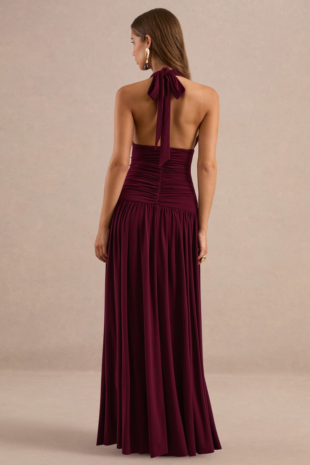 Bettina | Burgundy Plunge-Neck Maxi Dress With Gathered-Detailing